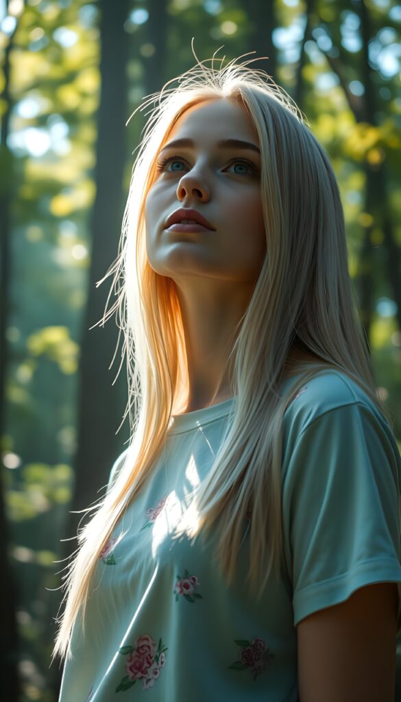 A young woman with straight, shiny light blonde hair cascading over her shoulders is captured in a whimsical forest setting. She wears a vibrant t-shirt with delicate floral patterns, her attire shimmering in hues of pastel blues and pinks. The sunlight filters through the lush canopy, casting a magical glow on her, highlighting her innocent and curious expression as she gazes upward. The background is filled with towering trees, their leaves forming a mosaic of green and golden light, creating a dreamlike, serene atmosphere. This composition is inspired by a fairy tale, blending realism with a touch of fantasy.