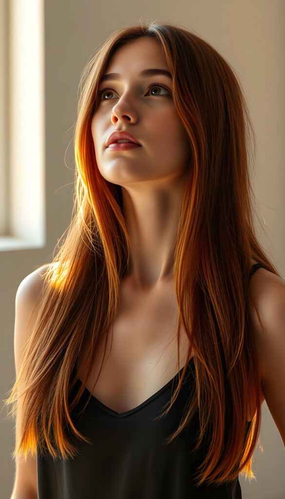 A young woman with vibrant red, straight, very long hair exactly the same length and striking amber eyes gazes upwards with a serene expression. Her delicate, full lips curve slightly as she looks off to the side. Sunlight filters through a window, casting a warm, golden glow over the scene, highlighting her features and creating a soft, ethereal ambiance. She wears a flowing, sheer black tank top that accentuates her slim figure, with the fabric gently cascading around her. Her hair is voluminous and elegantly falls over her shoulders, creating a dynamic, wavy silhouette. The background is a light grey studio setting, providing a clean, minimalist backdrop that emphasizes her beauty. The image is infused with a touch of dreamy, impressionistic artistry, blending realism with a subtle, painterly quality.