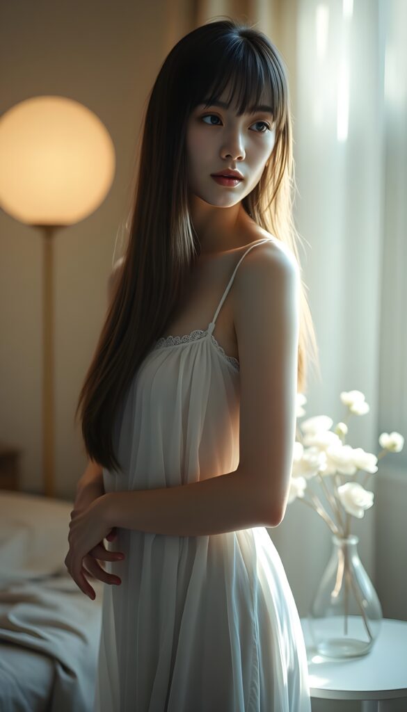A young woman with long, straight hair and bangs stands gracefully in a room illuminated by soft, ethereal light. She wears a delicate, translucent nightgown that hugs her curves, with a subtle glow emanating from within. Her face is serene and angelic, reflecting a hint of weariness. The scene is bathed in a dreamy, monochromatic palette, accentuating the contrast between light and shadow. A vase of delicate, white flowers sits on a nearby table, adding to the tranquil ambiance. The composition captures the essence of tranquility and elegance, with a focus on the interplay of light and texture.