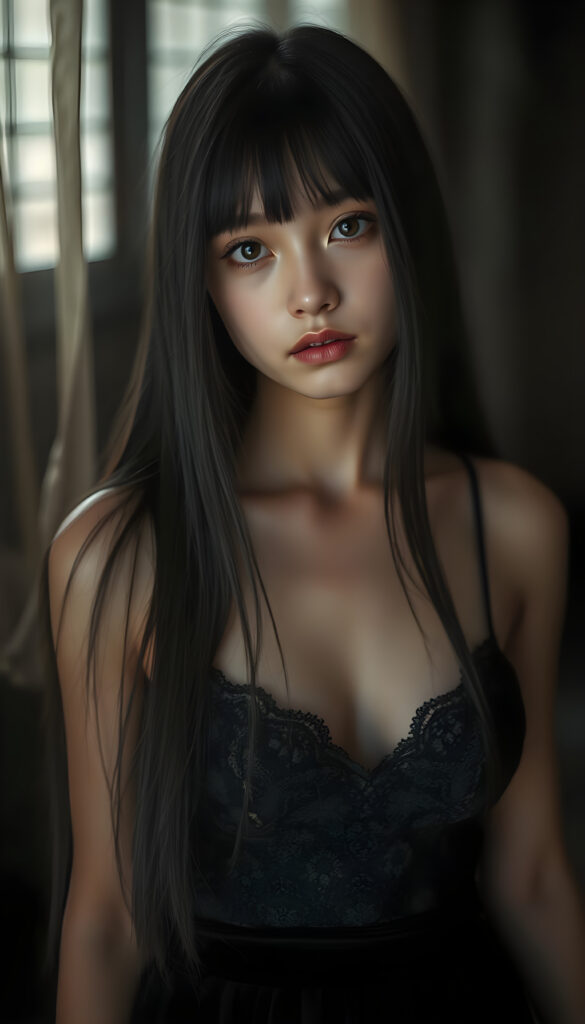 A young woman with long, straight black hair cascading down her shoulders, wearing a black velvet tank top adorned with intricate lace and long round skirt. Her eyes are a striking silver.