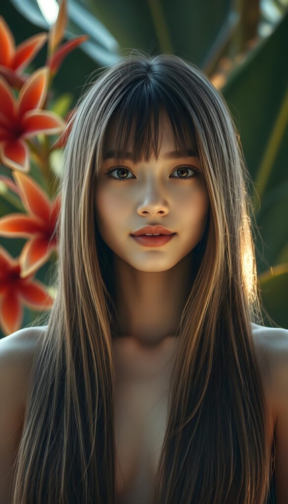 A young woman with super jet straight, silky, light brown hair with blond highlights stands against a backdrop of vibrant tropical flowers, her delicate features beautifully detailed, framed by cascading straight hair and subtle bangs, a soft smile playing on her lips, her flawless complexion glowing in the warm light, creating an enchanting, serene atmosphere. Her hair falls down to her upper body and cover the body. View from the front.