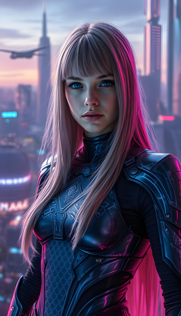 A young woman with shoulder long, flowing pink hair falls like a waterfall upper body and mesmerizing light blue eyes stands in a futuristic armor, adorned with intricate glowing silver patterns. The armor is sleek and modern, reflecting advanced technology. She is positioned in a high-tech environment with holographic interfaces and neon lights. The scene is set against a backdrop of a bustling sci-fi cityscape with flying vehicles and towering skyscrapers. The lighting is dramatic, casting a soft glow on her face and highlighting the armor's details. The overall composition emphasizes her strong and confident stance, with dynamic angles and vivid colors to enhance the futuristic theme.