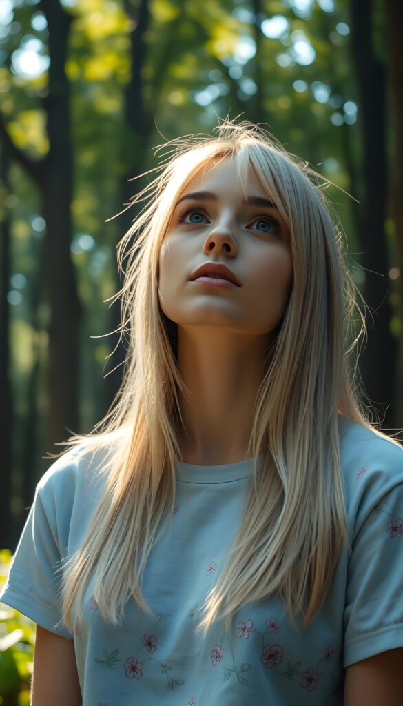 A young woman with straight, shiny light blonde hair cascading over her shoulders is captured in a whimsical forest setting. She wears a vibrant t-shirt with delicate floral patterns, her attire shimmering in hues of pastel blues and pinks. The sunlight filters through the lush canopy, casting a magical glow on her, highlighting her innocent and curious expression as she gazes upward. The background is filled with towering trees, their leaves forming a mosaic of green and golden light, creating a dreamlike, serene atmosphere. This composition is inspired by a fairy tale, blending realism with a touch of fantasy.