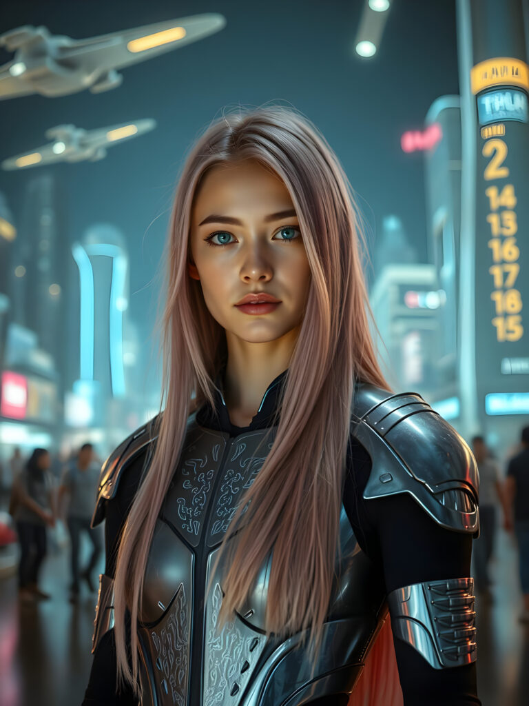 A young woman with shoulder long, flowing pink hair falls like a waterfall upper body and mesmerizing light blue eyes stands in a futuristic armor, adorned with intricate glowing silver patterns. The armor is sleek and modern, reflecting advanced technology. She is positioned in a high-tech environment with holographic interfaces and neon lights. The scene is set against a backdrop of a bustling sci-fi cityscape with flying vehicles and towering skyscrapers. The lighting is dramatic, casting a soft glow on her face and highlighting the armor's details. The overall composition emphasizes her strong and confident stance, with dynamic angles and vivid colors to enhance the futuristic theme.