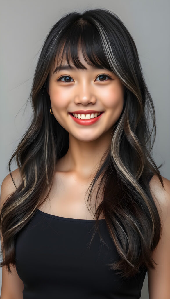 An adult Korean girl with long, soft obsidian black hair with white highlights styled in loose waves, her bangs gently framing her round face. She has round, deep black eyes and a warm, inviting smile showing her white teeth. Her full lips are slightly glossed, giving her a youthful and approachable appearance. She is dressed in a stylish black cropped tank top that accentuates her slender figure, standing against a soft, light grey backdrop. The image is vibrant and colorful, with warm lighting that highlights her joyful expression and enhances the textures of her hair and clothing, creating a cheerful and uplifting atmosphere.