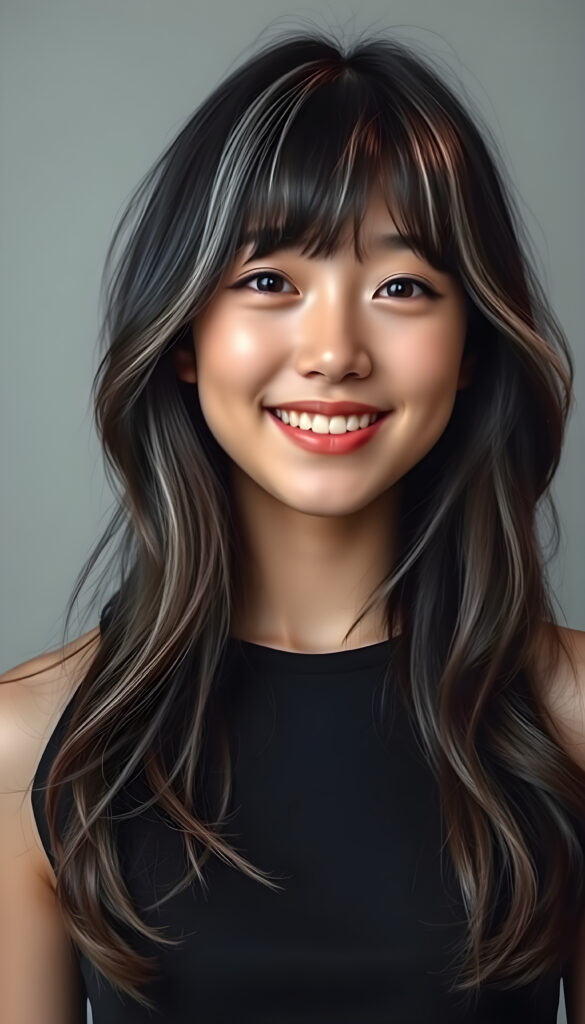 An adult Korean girl with long, soft obsidian black hair with white highlights styled in loose waves, her bangs gently framing her round face. She has round, deep black eyes and a warm, inviting smile showing her white teeth. Her full lips are slightly glossed, giving her a youthful and approachable appearance. She is dressed in a stylish black cropped tank top that accentuates her slender figure, standing against a soft, light grey backdrop. The image is vibrant and colorful, with warm lighting that highlights her joyful expression and enhances the textures of her hair and clothing, creating a cheerful and uplifting atmosphere.
