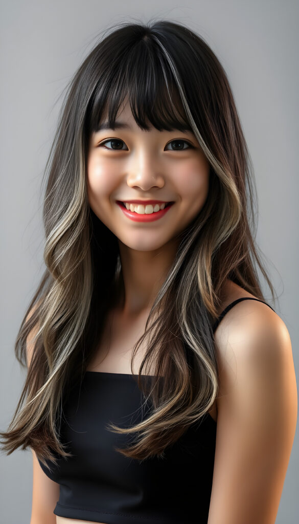 An adult Korean girl with long, soft obsidian black hair with white highlights styled in loose waves, her bangs gently framing her round face. She has round, deep black eyes and a warm, inviting smile showing her white teeth. Her full lips are slightly glossed, giving her a youthful and approachable appearance. She is dressed in a stylish black cropped tank top that accentuates her slender figure, standing against a soft, light grey backdrop. The image is vibrant and colorful, with warm lighting that highlights her joyful expression and enhances the textures of her hair and clothing, creating a cheerful and uplifting atmosphere.