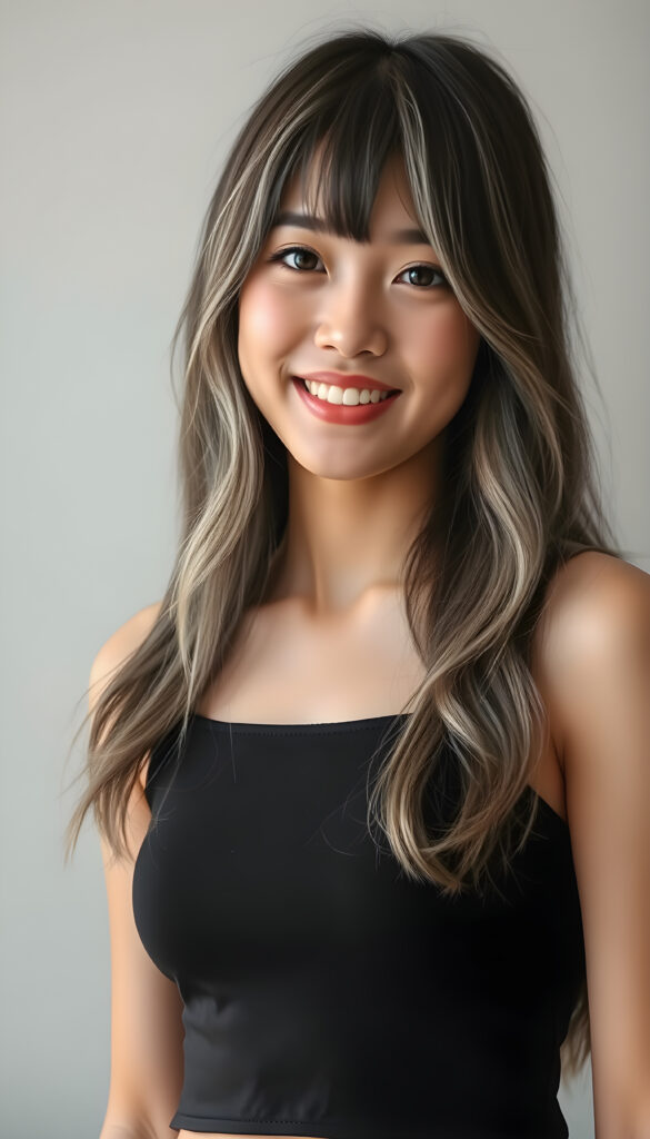 An adult Korean girl with long, soft obsidian black hair with white highlights styled in loose waves, her bangs gently framing her round face. She has round, deep black eyes and a warm, inviting smile showing her white teeth. Her full lips are slightly glossed, giving her a youthful and approachable appearance. She is dressed in a stylish black cropped tank top that accentuates her slender figure, standing against a soft, light grey backdrop. The image is vibrant and colorful, with warm lighting that highlights her joyful expression and enhances the textures of her hair and clothing, creating a cheerful and uplifting atmosphere.