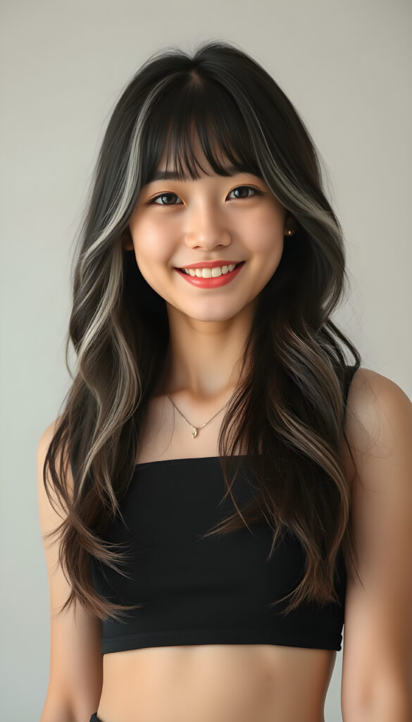 An adult Korean girl with long, soft obsidian black hair with white highlights styled in loose waves, her bangs gently framing her round face. She has round, deep black eyes and a warm, inviting smile showing her white teeth. Her full lips are slightly glossed, giving her a youthful and approachable appearance. She is dressed in a stylish black cropped tank top that accentuates her slender figure, standing against a soft, light grey backdrop. The image is vibrant and colorful, with warm lighting that highlights her joyful expression and enhances the textures of her hair and clothing, creating a cheerful and uplifting atmosphere.