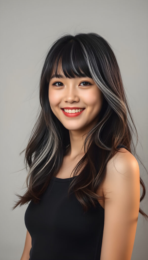 An adult Korean girl with long, soft obsidian black hair with white highlights styled in loose waves, her bangs gently framing her round face. She has round, deep black eyes and a warm, inviting smile showing her white teeth. Her full lips are slightly glossed, giving her a youthful and approachable appearance. She is dressed in a stylish black cropped tank top that accentuates her slender figure, standing against a soft, light grey backdrop. The image is vibrant and colorful, with warm lighting that highlights her joyful expression and enhances the textures of her hair and clothing, creating a cheerful and uplifting atmosphere.