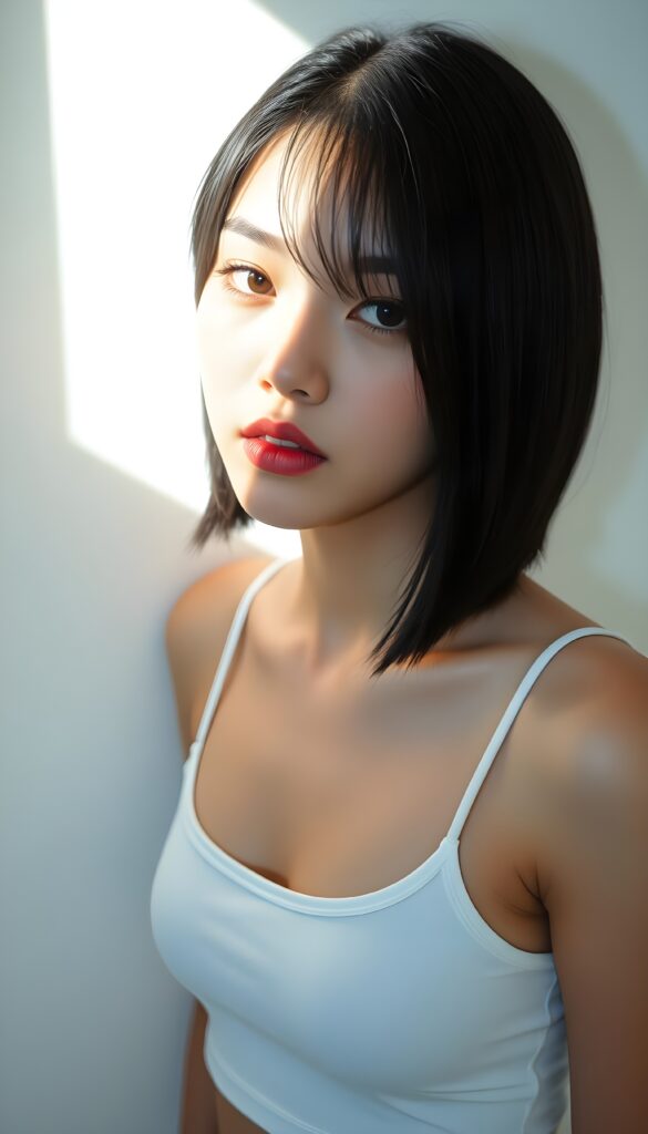 An amateur photo from a young Korean woman, tanned flawless skin, with full, plump lips and straight jet black hair gazes seductively into the camera. The background is a white wall with shadows. She wears a white cropped spaghetti tank top. Her hair frame her round face in a perfect bob cut.