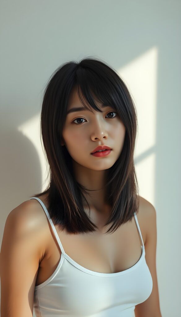An amateur photo from a young Korean woman, tanned flawless skin, with full, plump lips and straight jet black hair gazes seductively into the camera. The background is a white wall with shadows. She wears a white cropped spaghetti tank top. Her hair frame her round face in a perfect bob cut.