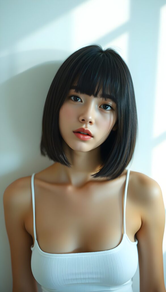 An amateur photo from a young Korean woman, tanned flawless skin, with full, plump lips and straight jet black hair gazes seductively into the camera. The background is a white wall with shadows. She wears a white cropped spaghetti tank top. Her hair frame her round face in a perfect bob cut.