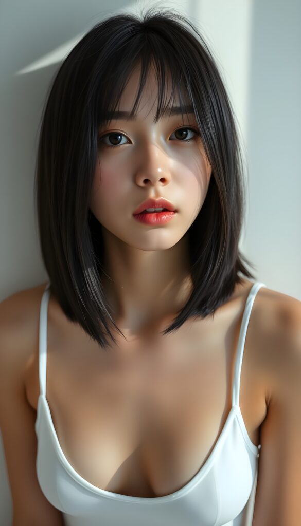 An amateur photo from a young Korean woman, tanned flawless skin, with full, plump lips and straight jet black hair gazes seductively into the camera. The background is a white wall with shadows. She wears a white cropped spaghetti tank top. Her hair frame her round face in a perfect bob cut.