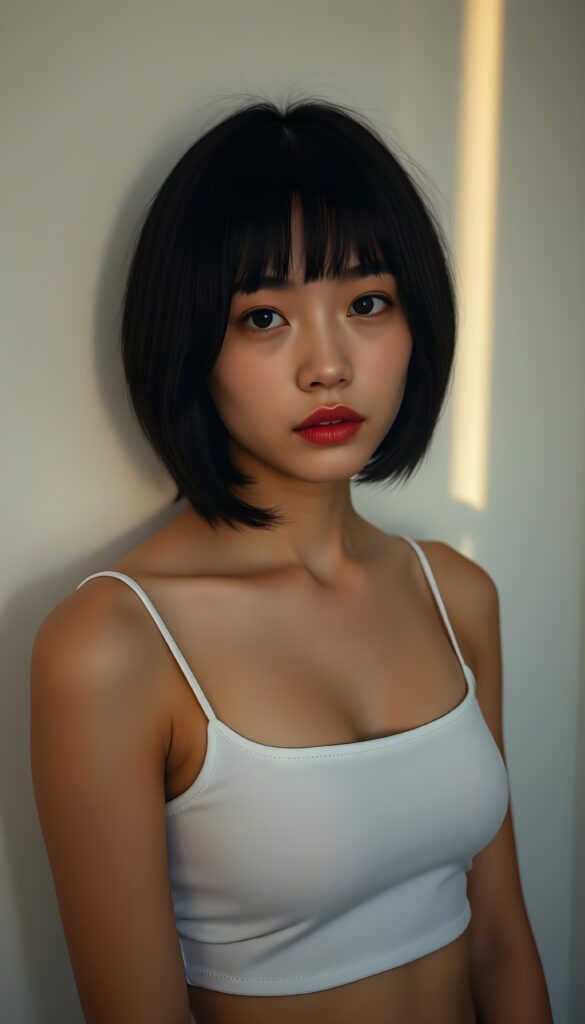 An amateur photo from a young Korean woman, tanned flawless skin, with full, plump lips and straight jet black hair gazes seductively into the camera. The background is a white wall with shadows. She wears a white cropped spaghetti tank top. Her hair frame her round face in a perfect bob cut.