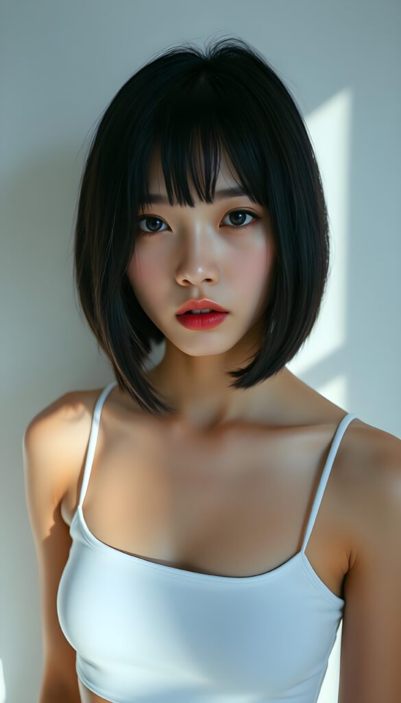 An amateur photo from a young Korean woman, tanned flawless skin, with full, plump lips and straight jet black hair gazes seductively into the camera. The background is a white wall with shadows. She wears a white cropped spaghetti tank top. Her hair frame her round face in a perfect bob cut.