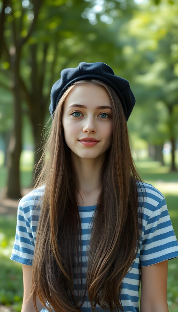 An attractive young woman with long, soft straight brown hair down to her shoulders. She is wearing only a simple blue and white horizontally striped T-shirt and a black beret. She has soft blue eyes and a flawless, round face. Joy. She is standing in a green park with lots of trees.