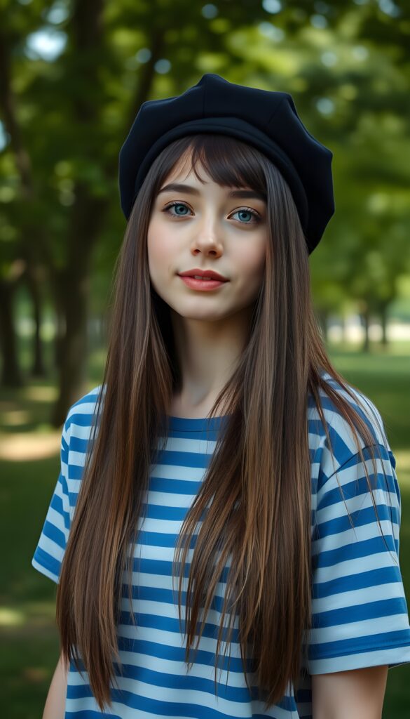 An attractive young woman with long, soft straight brown hair down to her shoulders. She is wearing only a simple blue and white horizontally striped T-shirt and a black beret. She has soft blue eyes and a flawless, round face. Joy. She is standing in a green park with lots of trees.