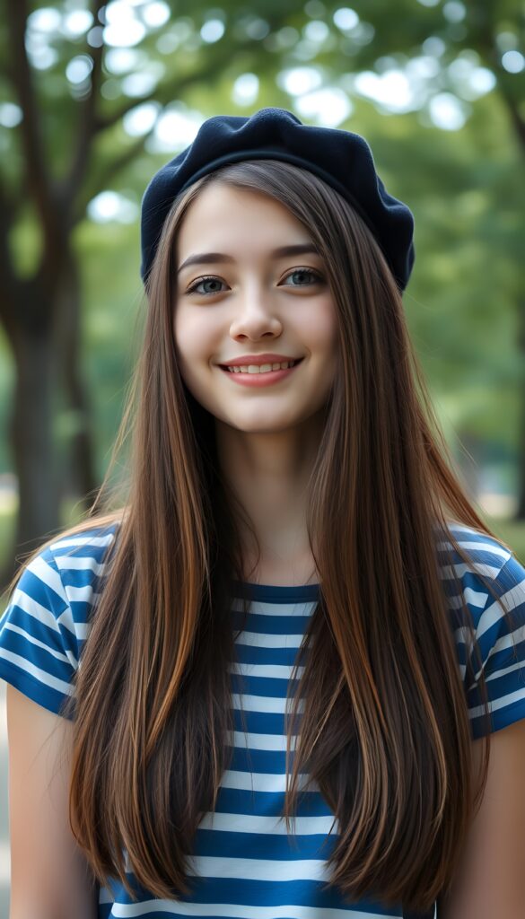 An attractive young woman with long, soft straight brown hair down to her shoulders. She is wearing only a simple blue and white horizontally striped T-shirt and a black beret. She has soft blue eyes and a flawless, round face. Joy. She is standing in a green park with lots of trees.