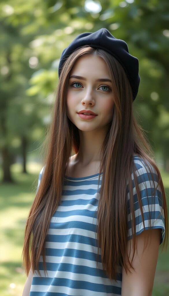 An attractive young woman with long, soft straight brown hair down to her shoulders. She is wearing only a simple blue and white horizontally striped T-shirt and a black beret. She has soft blue eyes and a flawless, round face. Joy. She is standing in a green park with lots of trees.