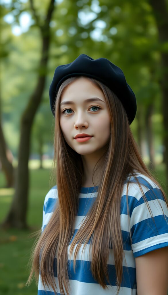 An attractive young woman with long, soft straight brown hair down to her shoulders. She is wearing only a simple blue and white horizontally striped T-shirt and a black beret. She has soft blue eyes and a flawless, round face. Joy. She is standing in a green park with lots of trees.