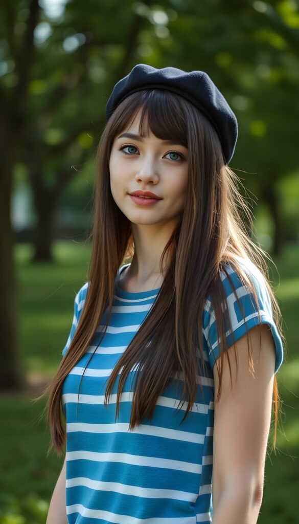 An attractive young woman with long, soft straight brown hair down to her shoulders. She is wearing only a simple blue and white horizontally striped T-shirt and a black beret. She has soft blue eyes and a flawless, round face. Joy. She is standing in a green park with lots of trees.