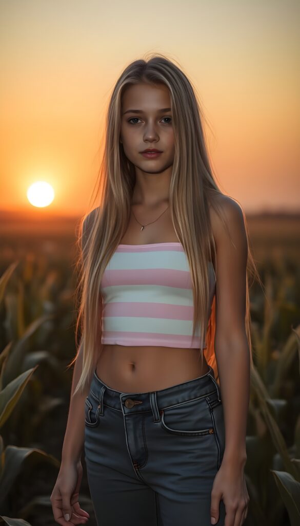 An enchanting young girl with long blonde straight jet hair stands in the middle of a golden cornfield. The sun is setting on the horizon, bathing the scene in soft orange and golden hues. The girl has a perfect, feminine figure and is wearing a white and pink striped cropped tank top and short jeans pants. Round small belly button.