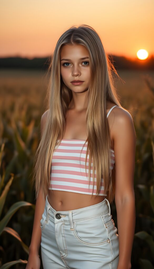 An enchanting young girl with long blonde straight jet hair stands in the middle of a golden cornfield. The sun is setting on the horizon, bathing the scene in soft orange and golden hues. The girl has a perfect, feminine figure and is wearing a white and pink striped cropped tank top and short jeans pants. Round small belly button.