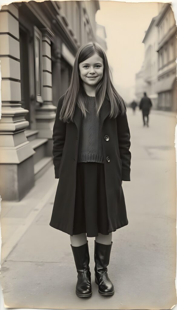 An old black and white photo of a young European girl wearing an old coat and underwear a fine wool sweater, long black skirt and black boots. She is standing on a street. Her long hair is straight and fall over her shoulders. The photo has torn edges and some water stains. She has a warm smile and looks happy at the camera.