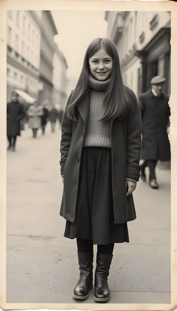 An old black and white photo of a young European girl wearing an old coat and underwear a fine wool sweater, long black skirt and black boots. She is standing on a street. Her long hair is straight and fall over her shoulders. The photo has torn edges and some water stains. She has a warm smile and looks happy at the camera.
