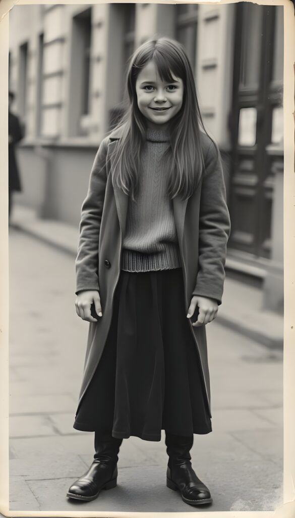 An old black and white photo of a young European girl wearing an old coat and underwear a fine wool sweater, long black skirt and black boots. She is standing on a street. Her long hair is straight and fall over her shoulders. The photo has torn edges and some water stains. She has a warm smile and looks happy at the camera.