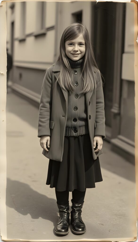 An old black and white photo of a young European girl wearing an old coat and underwear a fine wool sweater, long black skirt and black boots. She is standing on a street. Her long hair is straight and fall over her shoulders. The photo has torn edges and some water stains. She has a warm smile and looks happy at the camera.
