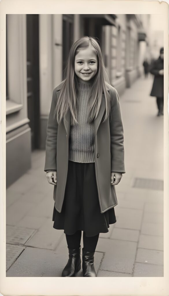 An old black and white photo of a young European girl wearing an old coat and underwear a fine wool sweater, long black skirt and black boots. She is standing on a street. Her long hair is straight and fall over her shoulders. The photo has torn edges and some water stains. She has a warm smile and looks happy at the camera.