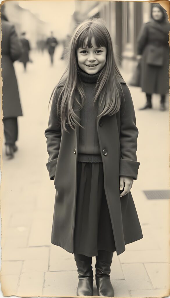 An old black and white photo of a young European girl wearing an old coat and underwear a fine wool sweater, long black skirt and black boots. She is standing on a street. Her long hair is straight and fall over her shoulders. The photo has torn edges and some water stains. She has a warm smile and looks happy at the camera.