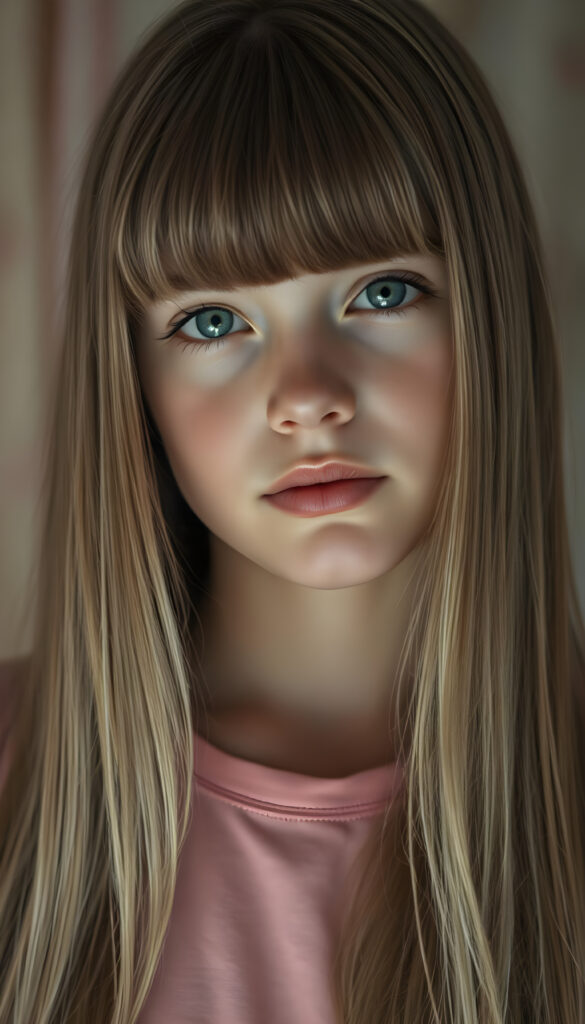 An upper body photo from a young girl, her fine, shiny very long amber straight hair with blonde highlights falls like a waterfall over her body. Bangs frame her face. She has a soft, round face, deep blue round eyes, and full, plump lips, white teeth, flawless skin. Soft light falls on her face. Her eyes reflect the light. Romantic touch. She appears very peaceful and calming. Blurred background in soft pastel colors. She wears a pink T-shirt that shows off her perfectly shaped body.
