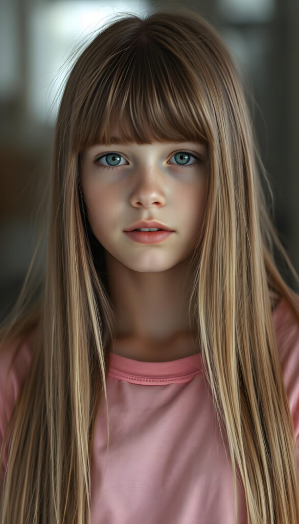 An upper body photo from a young girl, her fine, shiny very long amber straight hair with blonde highlights falls like a waterfall over her body. Bangs frame her face. She has a soft, round face, deep blue round eyes, and full, plump lips, white teeth, flawless skin. Soft light falls on her face. Her eyes reflect the light. Romantic touch. She appears very peaceful and calming. Blurred background in soft pastel colors. She wears a pink T-shirt that shows off her perfectly shaped body.