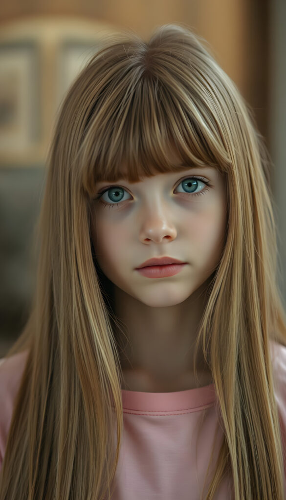 An upper body photo from a young girl, her fine, shiny very long amber straight hair with blonde highlights falls like a waterfall over her body. Bangs frame her face. She has a soft, round face, deep blue round eyes, and full, plump lips, white teeth, flawless skin. Soft light falls on her face. Her eyes reflect the light. Romantic touch. She appears very peaceful and calming. Blurred background in soft pastel colors. She wears a pink T-shirt that shows off her perfectly shaped body.