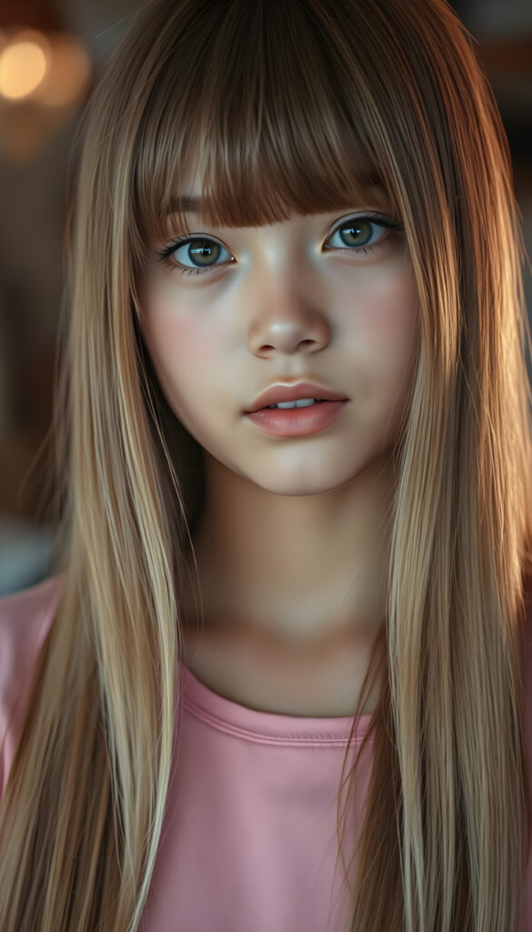 An upper body photo from a young Asian girl, her fine, shiny very long amber straight hair with blonde highlights falls like a waterfall over her body. Bangs frame her face. She has a soft, round face, deep blue round eyes, and full, plump lips, white teeth, flawless skin. Soft light falls on her face. Her eyes reflect the light. Romantic touch. She appears very peaceful and calming. Blurred background in soft pastel colors. She wears a pink T-shirt that shows off her perfectly shaped body.