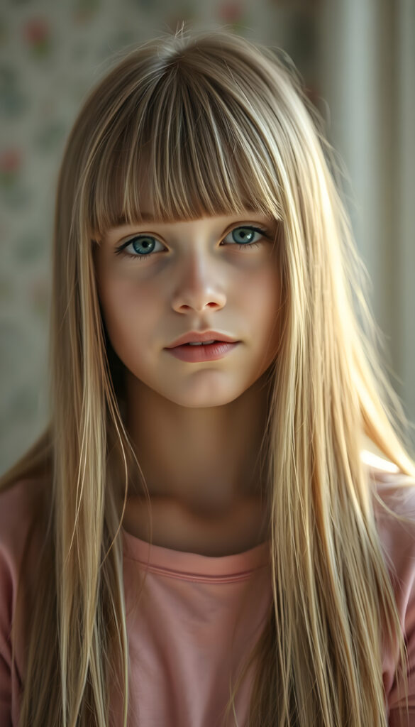 An upper body photo from a young girl, her fine, shiny very long amber straight hair with blonde highlights falls like a waterfall over her body. Bangs frame her face. She has a soft, round face, deep blue round eyes, and full, plump lips, white teeth, flawless skin. Soft light falls on her face. Her eyes reflect the light. Romantic touch. She appears very peaceful and calming. Blurred background in soft pastel colors. She wears a pink T-shirt that shows off her perfectly shaped body.