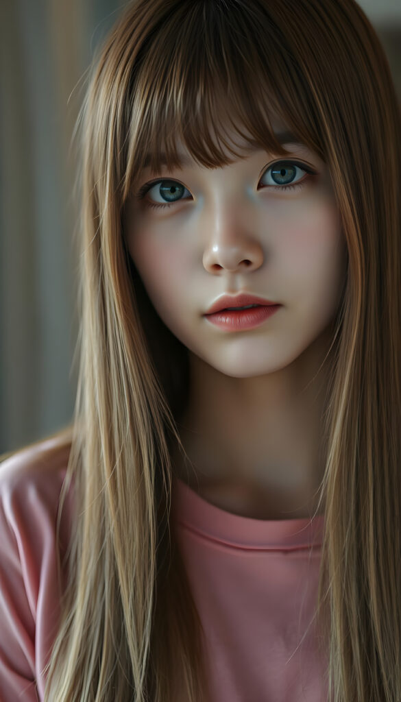 An upper body photo from a young Asian girl, her fine, shiny very long amber straight hair with blonde highlights falls like a waterfall over her body. Bangs frame her face. She has a soft, round face, deep blue round eyes, and full, plump lips, white teeth, flawless skin. Soft light falls on her face. Her eyes reflect the light. Romantic touch. She appears very peaceful and calming. Blurred background in soft pastel colors. She wears a pink T-shirt that shows off her perfectly shaped body.