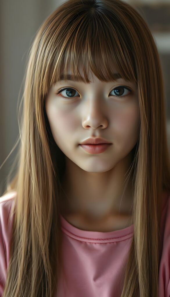 An upper body photo from a young Asian girl, her fine, shiny very long amber straight hair with blonde highlights falls like a waterfall over her body. Bangs frame her face. She has a soft, round face, deep blue round eyes, and full, plump lips, white teeth, flawless skin. Soft light falls on her face. Her eyes reflect the light. Romantic touch. She appears very peaceful and calming. Blurred background in soft pastel colors. She wears a pink T-shirt that shows off her perfectly shaped body.