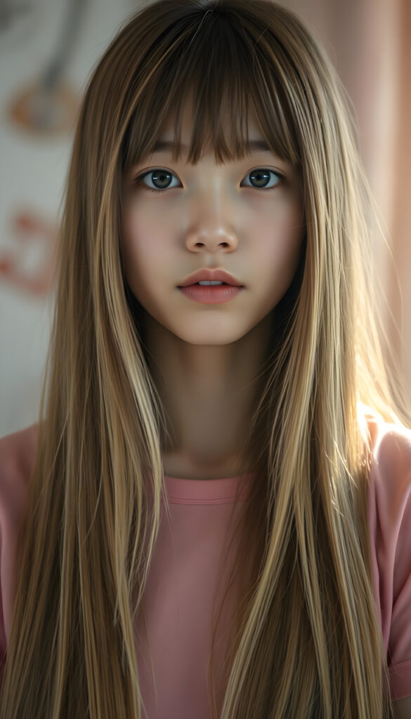 An upper body photo from a young Asian girl, her fine, shiny very long amber straight hair with blonde highlights falls like a waterfall over her body. Bangs frame her face. She has a soft, round face, deep blue round eyes, and full, plump lips, white teeth, flawless skin. Soft light falls on her face. Her eyes reflect the light. Romantic touch. She appears very peaceful and calming. Blurred background in soft pastel colors. She wears a pink T-shirt that shows off her perfectly shaped body.