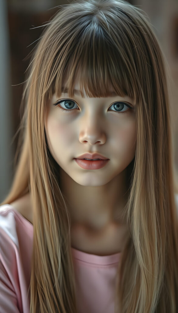 An upper body photo from a young Asian girl, her fine, shiny very long amber straight hair with blonde highlights falls like a waterfall over her body. Bangs frame her face. She has a soft, round face, deep blue round eyes, and full, plump lips, white teeth, flawless skin. Soft light falls on her face. Her eyes reflect the light. Romantic touch. She appears very peaceful and calming. Blurred background in soft pastel colors. She wears a pink T-shirt that shows off her perfectly shaped body.