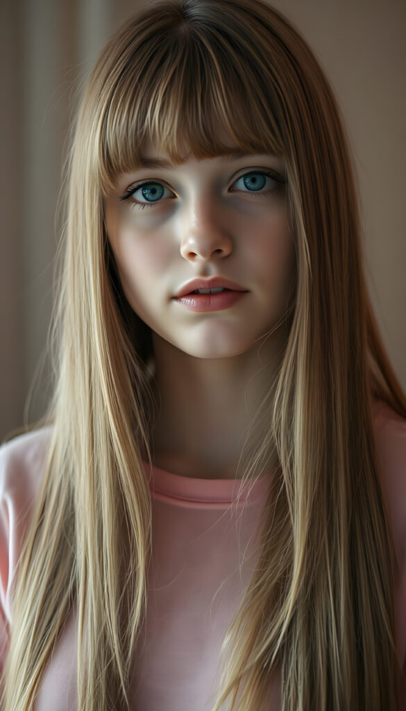 An upper body photo from a young girl, her fine, shiny very long amber straight hair with blonde highlights falls like a waterfall over her body. Bangs frame her face. She has a soft, round face, deep blue round eyes, and full, plump lips, white teeth, flawless skin. Soft light falls on her face. Her eyes reflect the light. Romantic touch. She appears very peaceful and calming. Blurred background in soft pastel colors. She wears a pink T-shirt that shows off her perfectly shaped body.