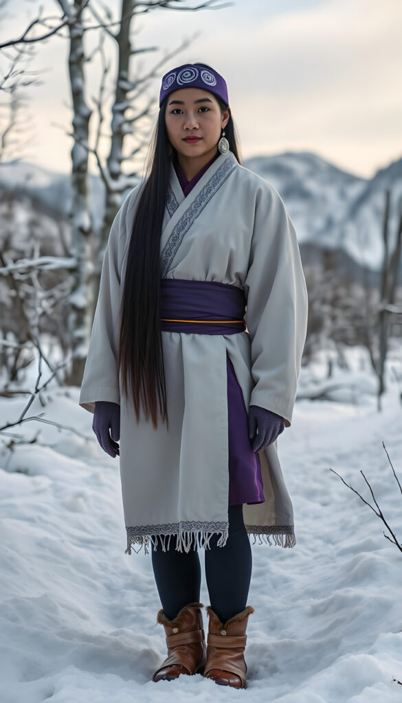 Asirpa wears a white Ainu robe made from bark called attus, complete with traditional swirling motif at the edges of the cloth over a purple band. Underneath she wears a purple kimono, which is tucked at the back. Asirpa wears dark leggings and deerskin boots called yukker. In cold weather Asirpa puts on a wolf fur mantle to cover herself in the wild. Long, straight black shiny hair falls down like a watherfall.