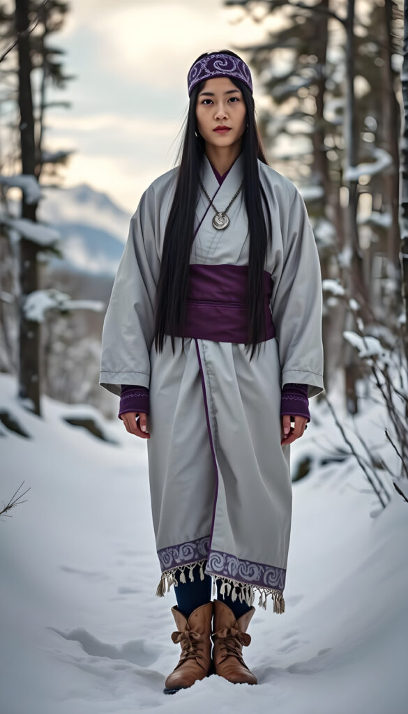Asirpa wears a white Ainu robe made from bark called attus, complete with traditional swirling motif at the edges of the cloth over a purple band. Underneath she wears a purple kimono, which is tucked at the back. Asirpa wears dark leggings and deerskin boots called yukker. In cold weather Asirpa puts on a wolf fur mantle to cover herself in the wild. Long, straight black shiny hair falls down like a watherfall.
