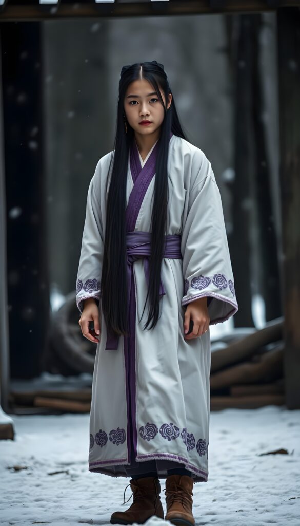 Asirpa wears a white Ainu robe made from bark called attus, complete with traditional swirling motif at the edges of the cloth over a purple band. Underneath she wears a purple kimono, which is tucked at the back. Asirpa wears dark leggings and deerskin boots called yukker. In cold weather Asirpa puts on a wolf fur mantle to cover herself in the wild. Long, straight black shiny hair falls down like a watherfall.