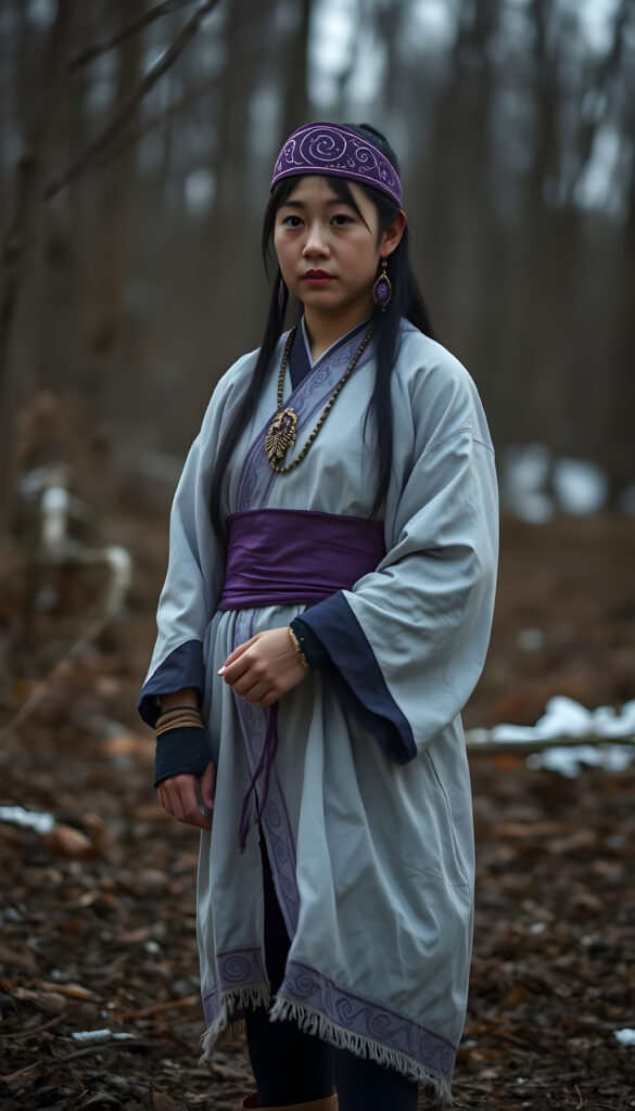 Asirpa wears a white Ainu robe made from bark called attus, complete with traditional swirling motif at the edges of the cloth over a purple band. Underneath she wears a purple kimono, which is tucked at the back. Asirpa wears dark leggings and deerskin boots called yukker. In cold weather Asirpa puts on a wolf fur mantle to cover herself in the wild. She also wears a number of accessories, most notably a purple embroidered headband with swirling motif called matanpushi, matching tekunpe hand coverings, and two ninkari earrings that she received as heirloom from her mother. In warmer weather, she can be seen wearing a rekutunpe necklace.
