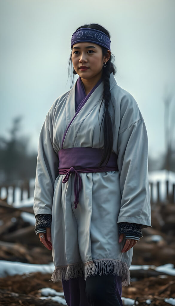 Asirpa wears a white Ainu robe made from bark called attus, complete with traditional swirling motif at the edges of the cloth over a purple band. Underneath she wears a purple kimono, which is tucked at the back. Asirpa wears dark leggings and deerskin boots called yukker. In cold weather Asirpa puts on a wolf fur mantle to cover herself in the wild. She also wears a number of accessories, most notably a purple embroidered headband with swirling motif called matanpushi, matching tekunpe hand coverings, and two ninkari earrings that she received as heirloom from her mother. In warmer weather, she can be seen wearing a rekutunpe necklace.
