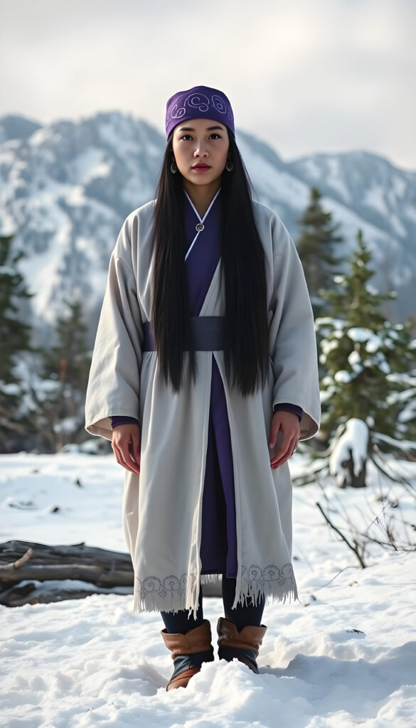 Asirpa wears a white Ainu robe made from bark called attus, complete with traditional swirling motif at the edges of the cloth over a purple band. Underneath she wears a purple kimono, which is tucked at the back. Asirpa wears dark leggings and deerskin boots called yukker. In cold weather Asirpa puts on a wolf fur mantle to cover herself in the wild. Long, straight black shiny hair falls down like a watherfall. She also wears a number of accessories, most notably a purple embroidered headband with swirling motif called matanpushi, matching tekunpe hand coverings, and two ninkari earrings that she received as heirloom from her mother. In warmer weather, she can be seen wearing a rekutunpe necklace. All against a snowy landscape, trees, mountains